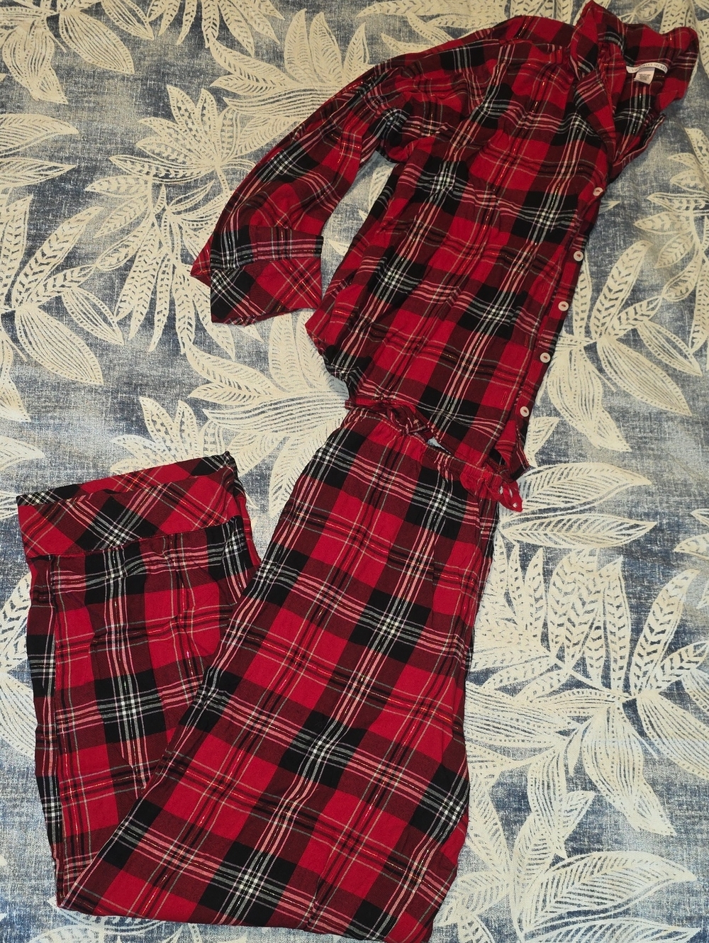Victoria's Secret Red, Black and White Plaid Button-Up Pajama Set